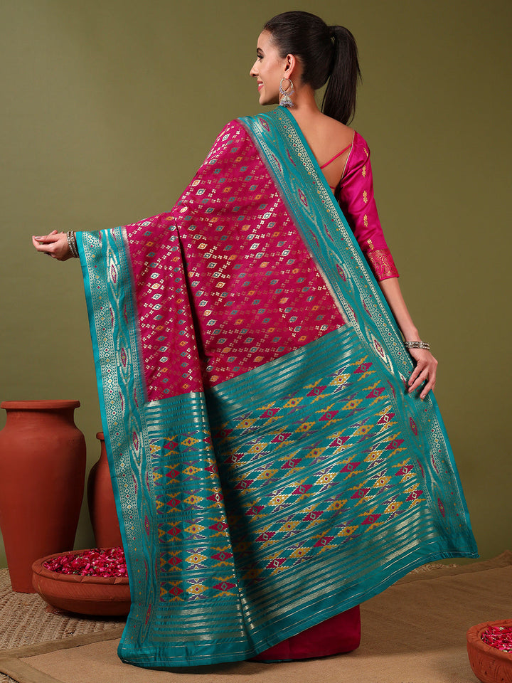 Rich Ikat Pochampally Silk Saree with Meenakari Weaving & Contrast Border
