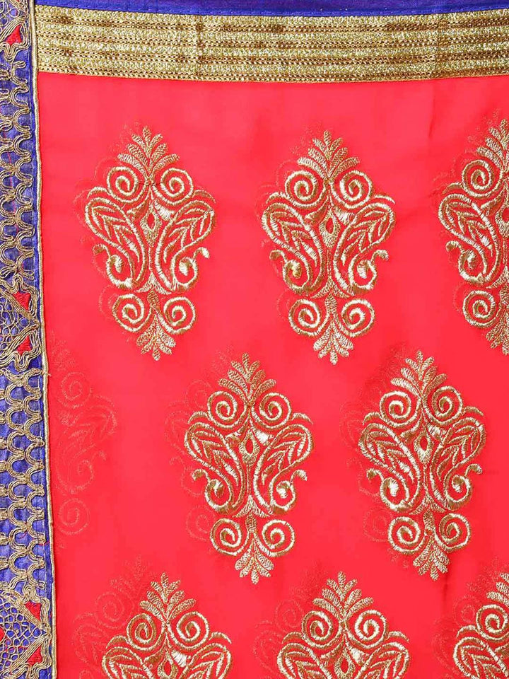 Coral Pink Zari Embroidered Georgette Saree With Ethnic Zaal Motifs and Contrast Border