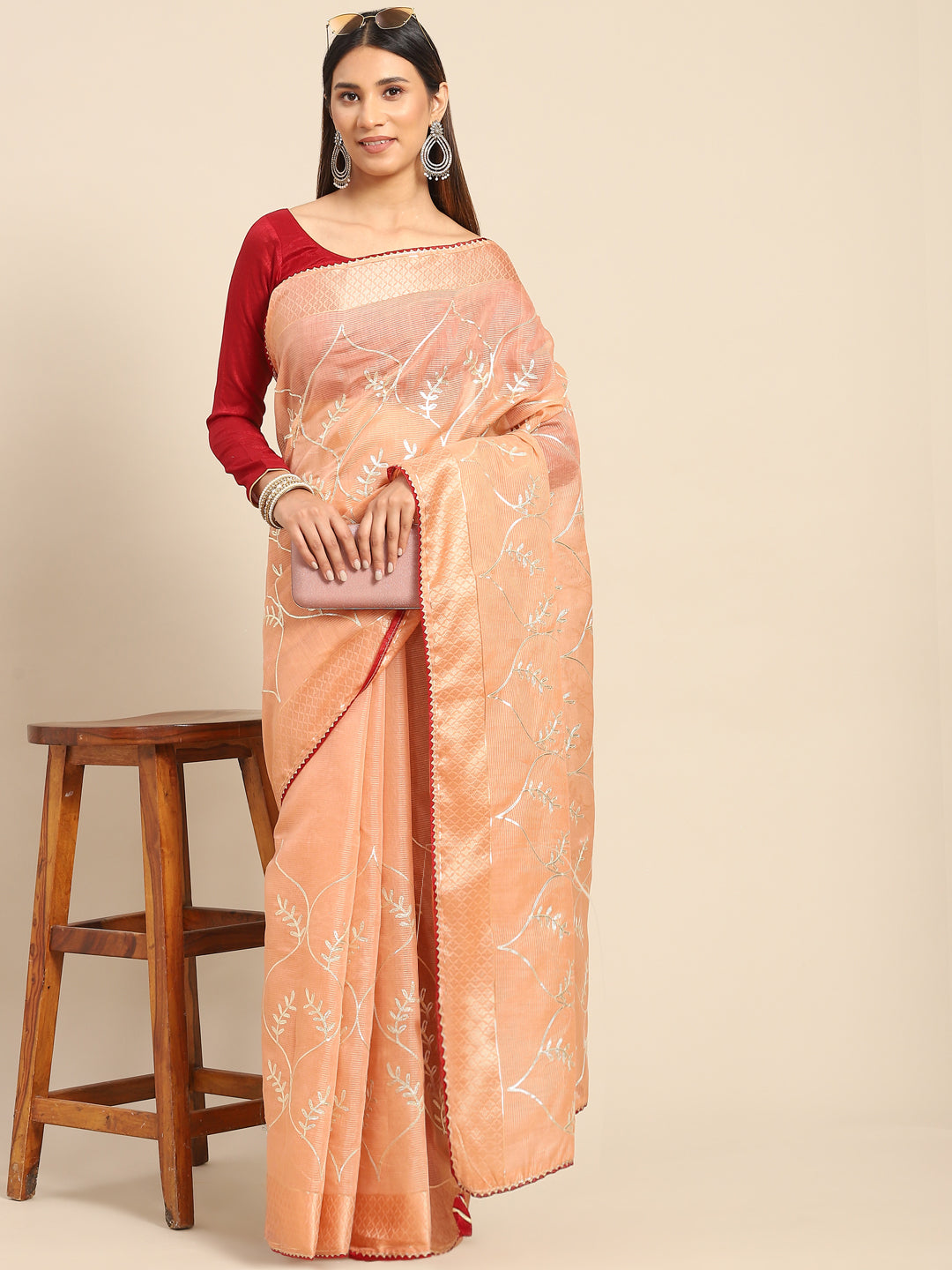 Peach Gota Patti Embroidery Chanderi Saree With Resham Gota Border