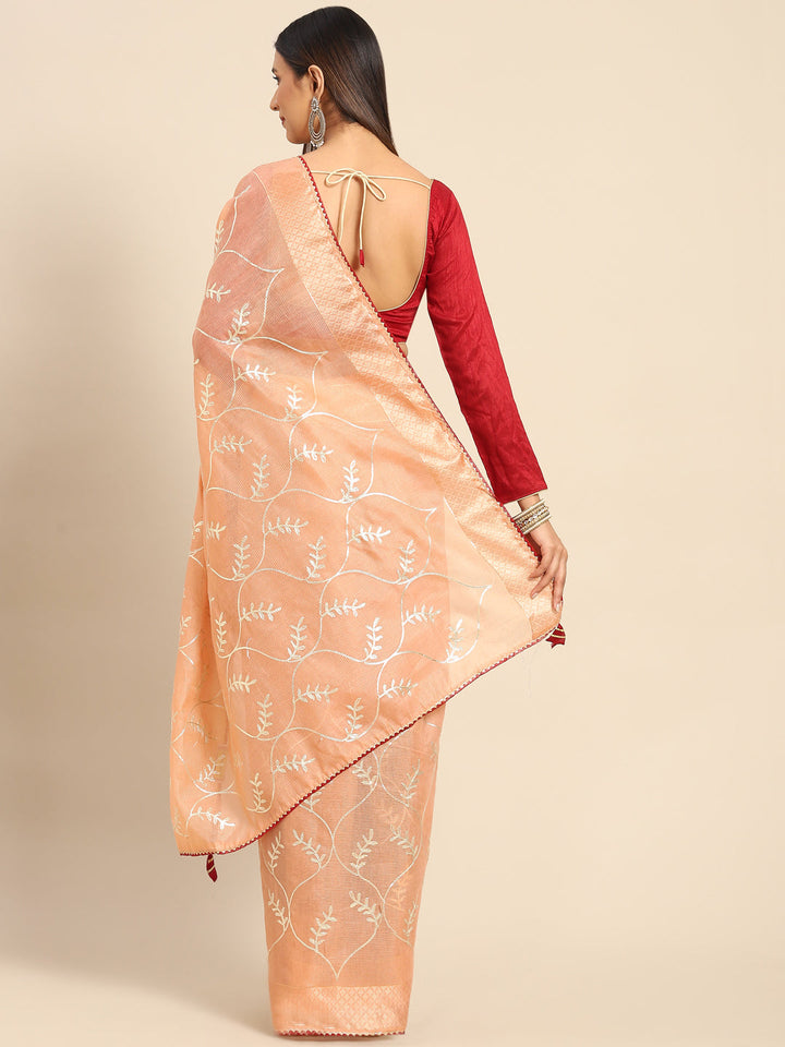 Peach Gota Patti Embroidery Chanderi Saree With Resham Gota Border