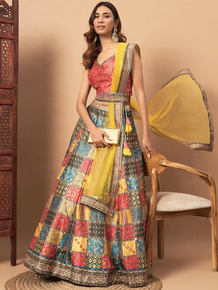 Chhabra 555 Multicolor Digital Print Lehenga Set With Tasseled Blouse, Embellished Dupatta & Belt