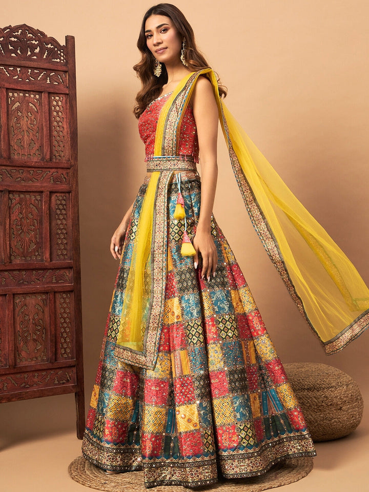 Multicolor Digital Print Lehenga Set With Tasseled Blouse, Embellished Dupatta & Belt