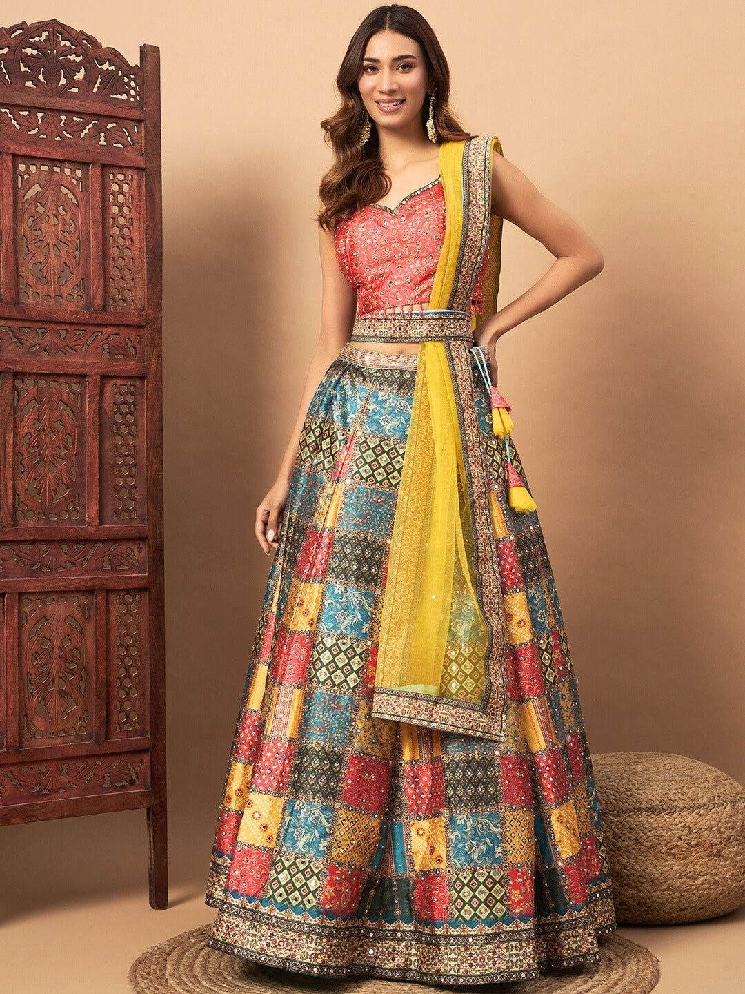 Multicolor Digital Print Lehenga Set With Tasseled Blouse, Embellished Dupatta & Belt