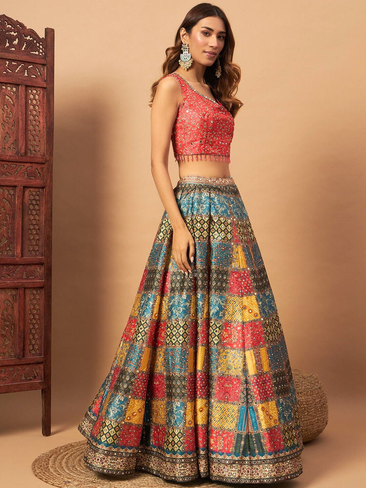 Multicolor Digital Print Lehenga Set With Tasseled Blouse, Embellished Dupatta & Belt