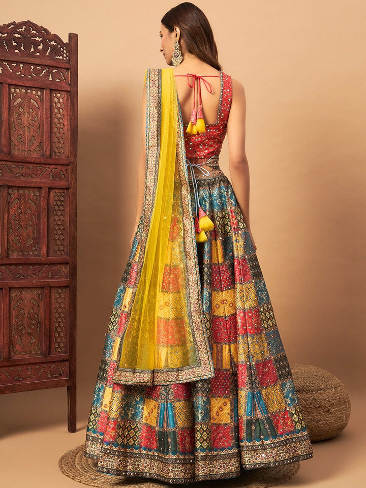 Multicolor Digital Print Lehenga Set With Tasseled Blouse, Embellished Dupatta & Belt