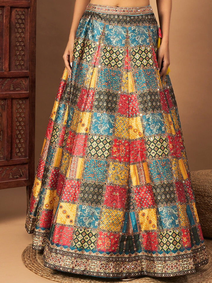 Multicolor Digital Print Lehenga Set With Tasseled Blouse, Embellished Dupatta & Belt