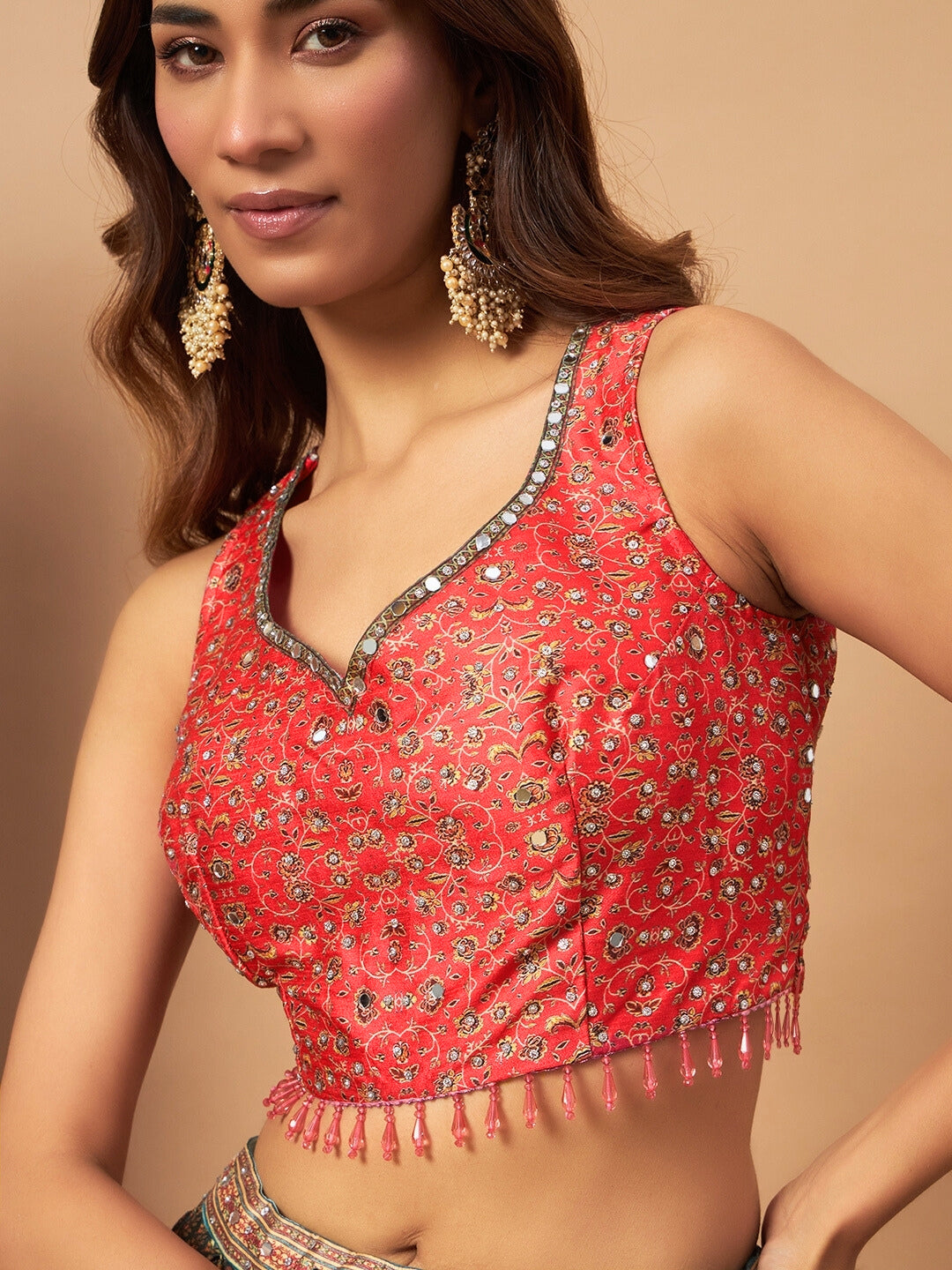 Multicolor Digital Print Lehenga Set With Tasseled Blouse, Embellished Dupatta & Belt