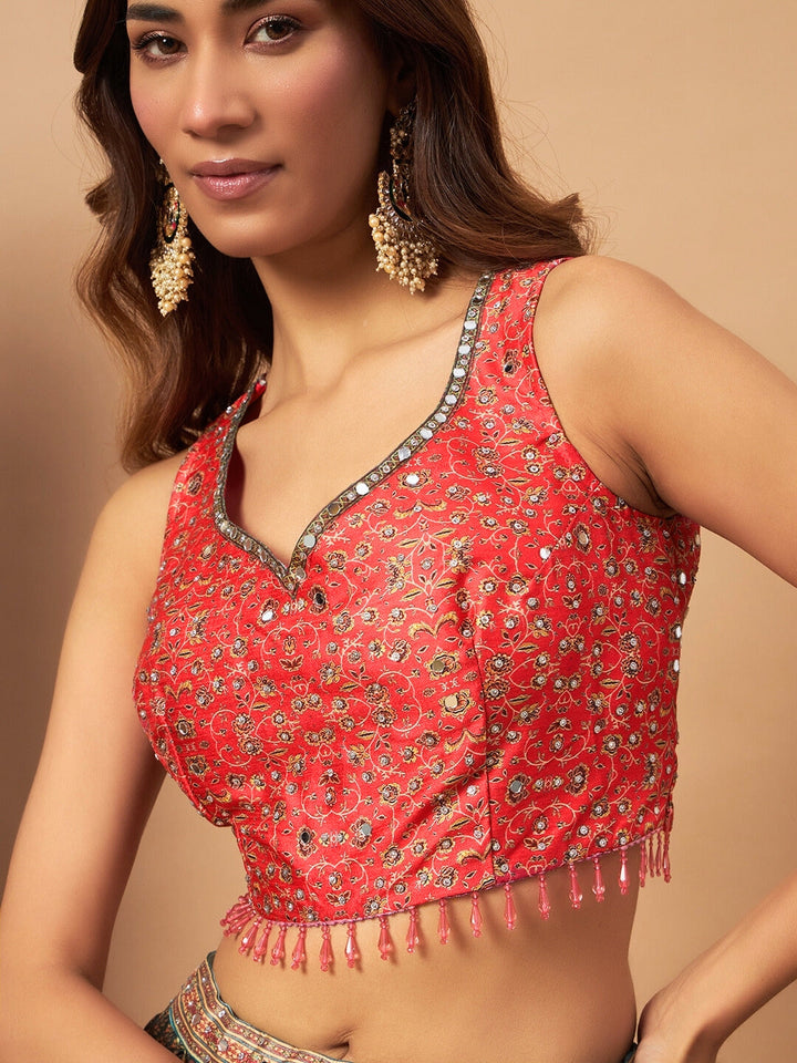 Multicolor Digital Print Lehenga Set With Tasseled Blouse, Embellished Dupatta & Belt