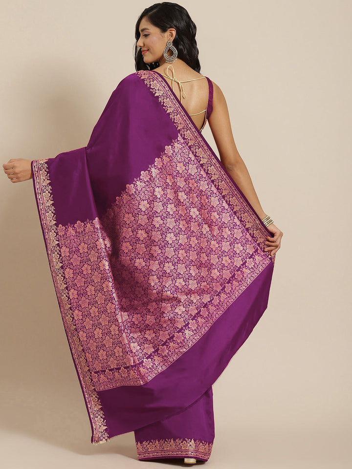 Deep Purple Solid Banarasi Silk Saree with Zari Woven Floral Border