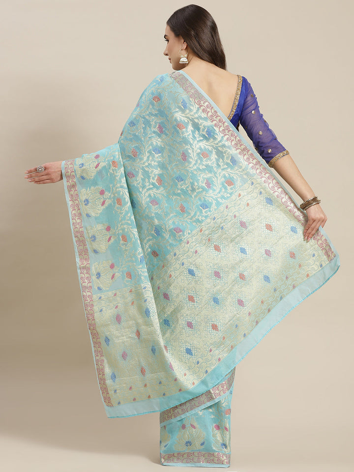Turquoise Blue Jamdani Chanderi Saree with Resham Meenakari Weaving