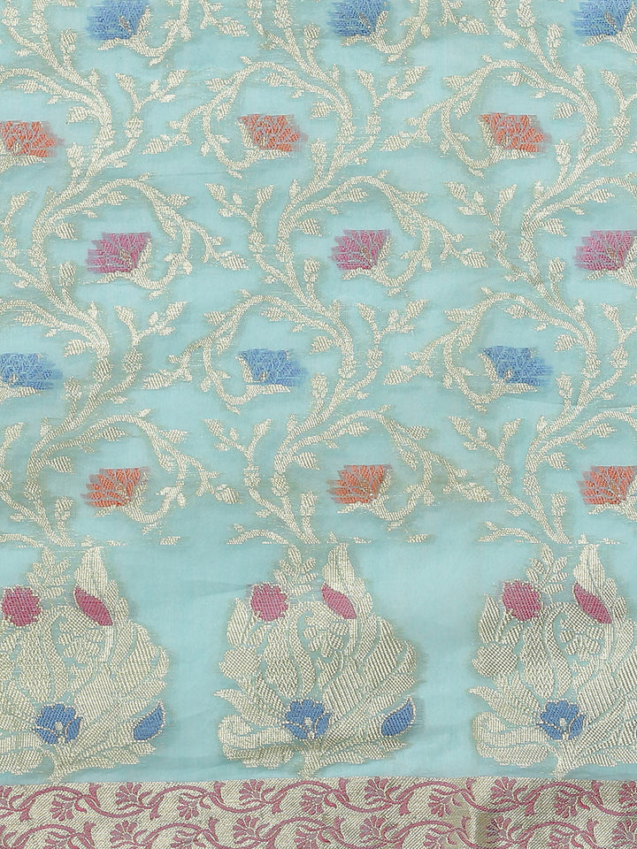 Turquoise Blue Jamdani Chanderi Saree with Resham Meenakari Weaving