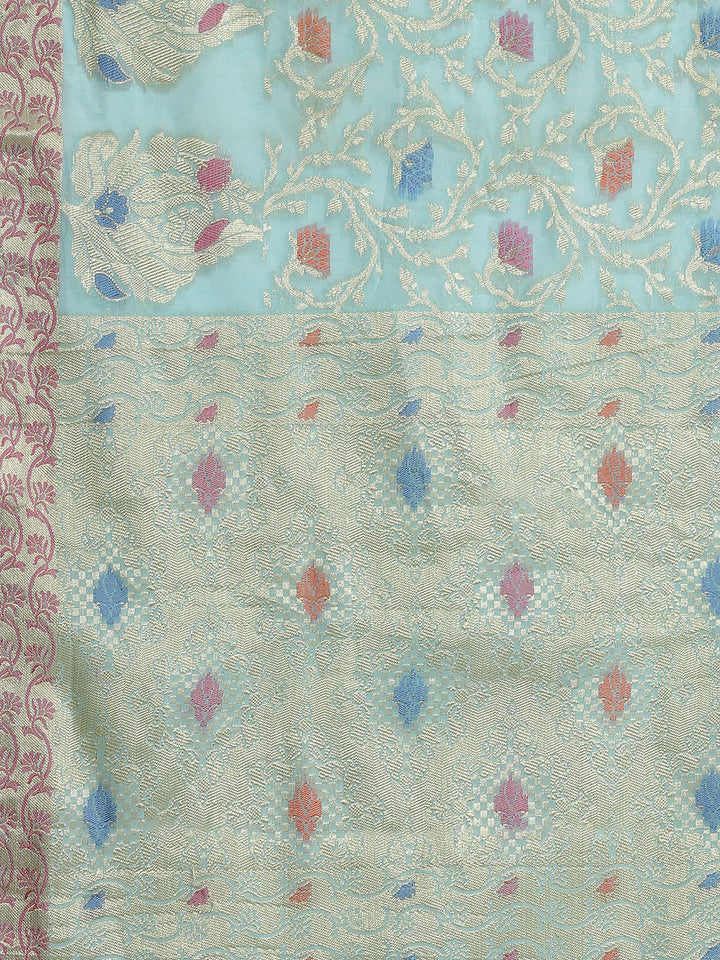 Turquoise Blue Jamdani Chanderi Saree with Resham Meenakari Weaving