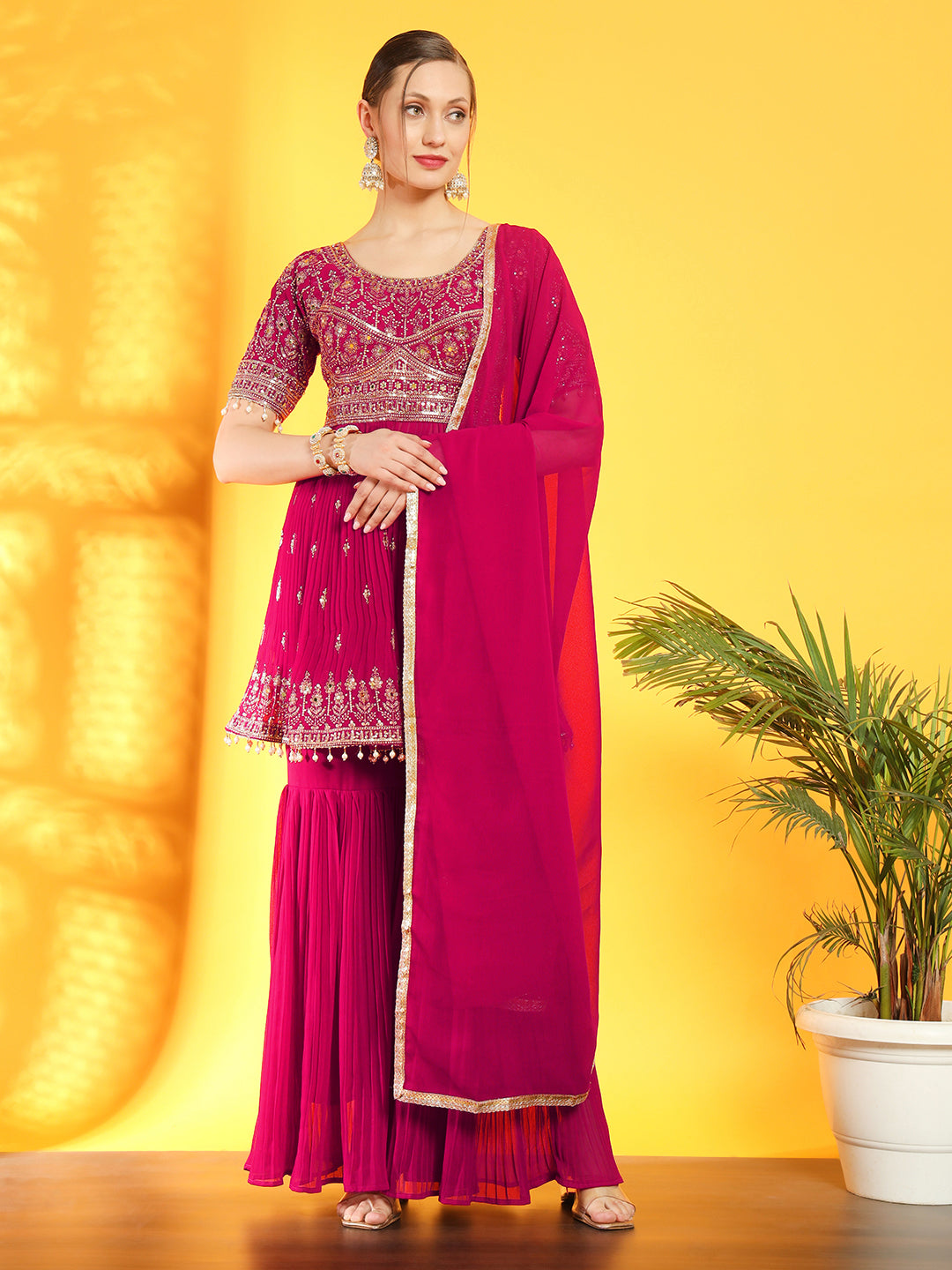 Heeramandi Inspired Festive Georgette Set with Choli Cut Peplum Kurta & Pleated Sharara