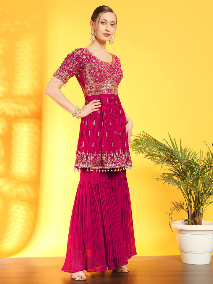 Heeramandi Inspired Festive Georgette Set with Choli Cut Peplum Kurta & Pleated Sharara