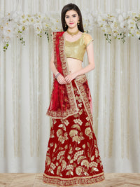 Maroon Velvet Heavy Embroidered Semi Stiched Lehanga Choli With Net Embroidered Dupatta