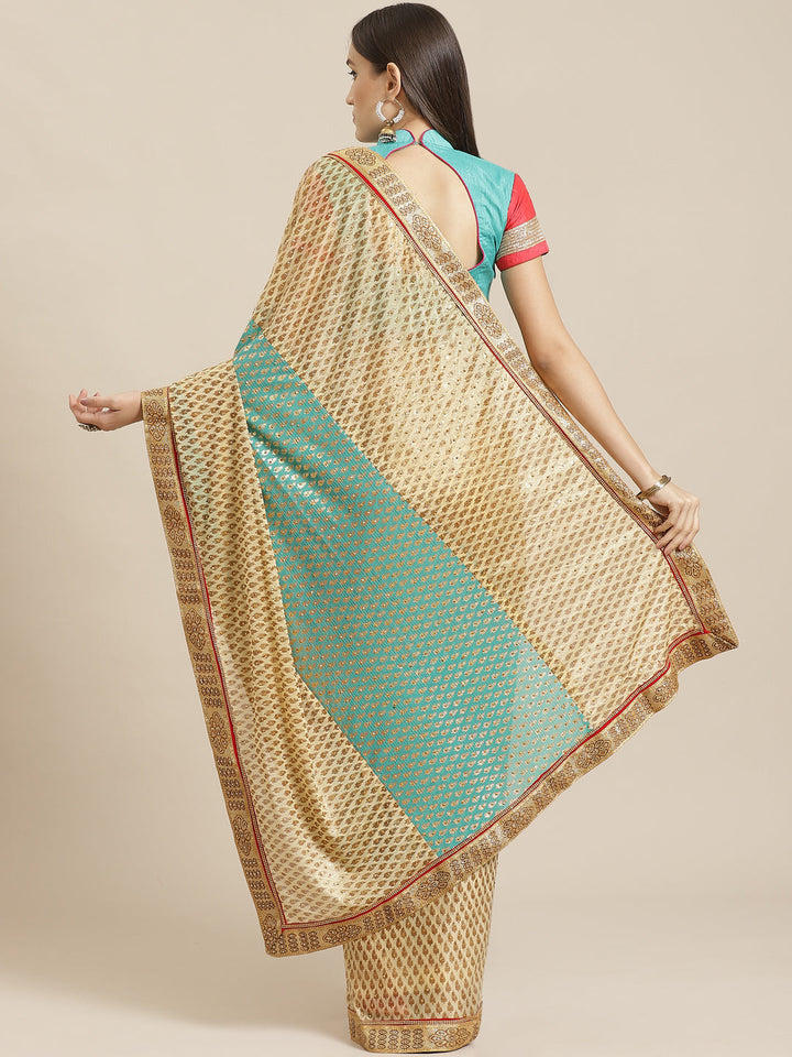 Foil print Beige Turquoise Blue Traditional Stone Embellished Saree with Fancy Border