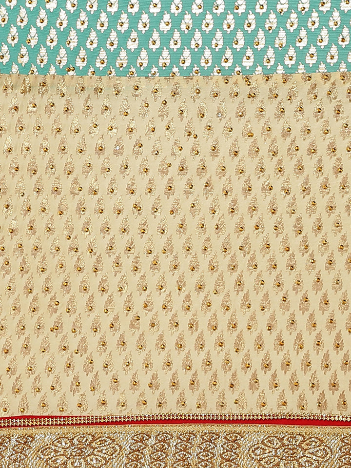 Foil print Beige Turquoise Blue Traditional Stone Embellished Saree with Fancy Border