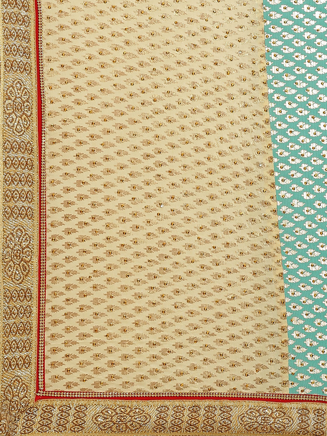 Foil print Beige Turquoise Blue Traditional Stone Embellished Saree with Fancy Border