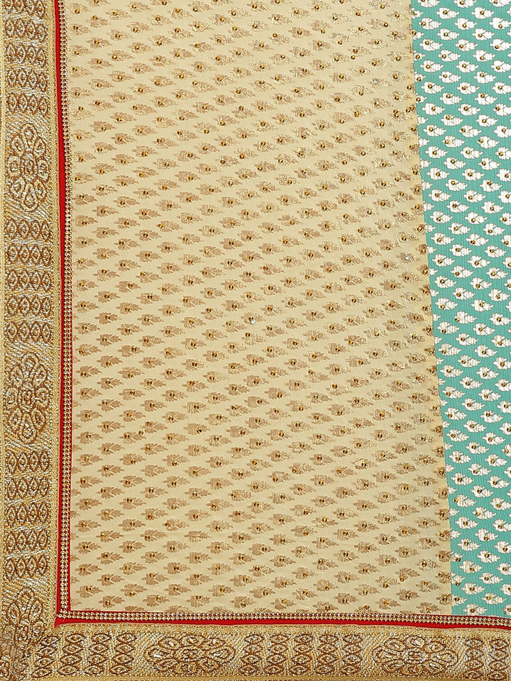 Foil print Beige Turquoise Blue Traditional Stone Embellished Saree with Fancy Border