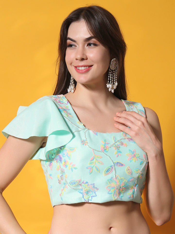 Belted Saree with Floral Sequin Embroidery & Assymetrical Sleeves