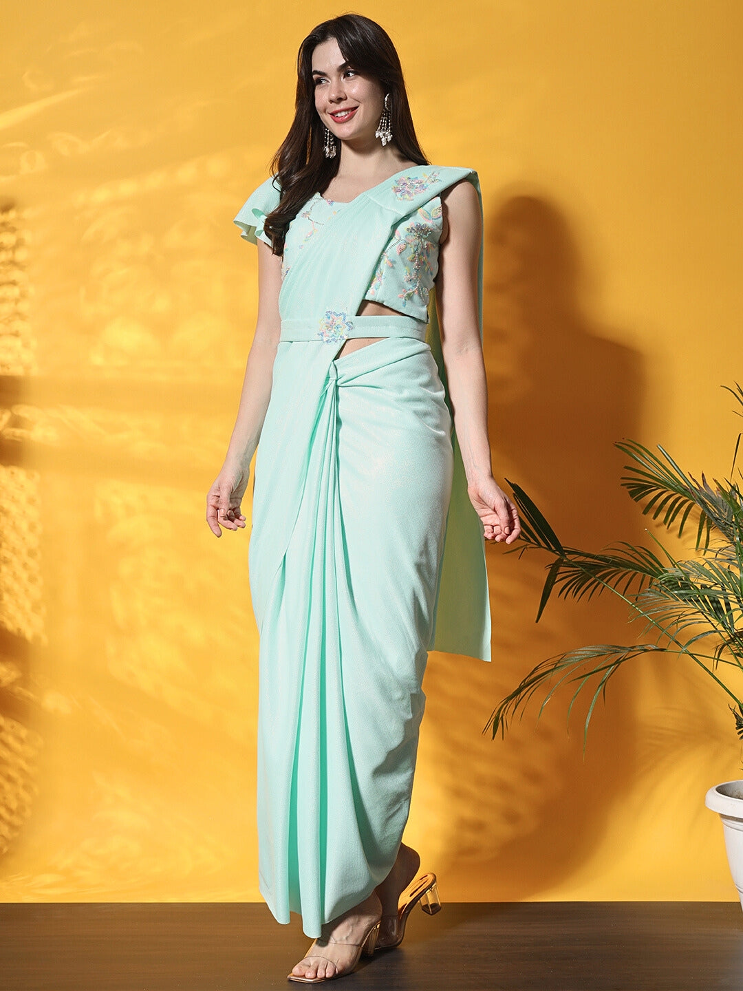 Belted Saree with Floral Sequin Embroidery & Assymetrical Sleeves