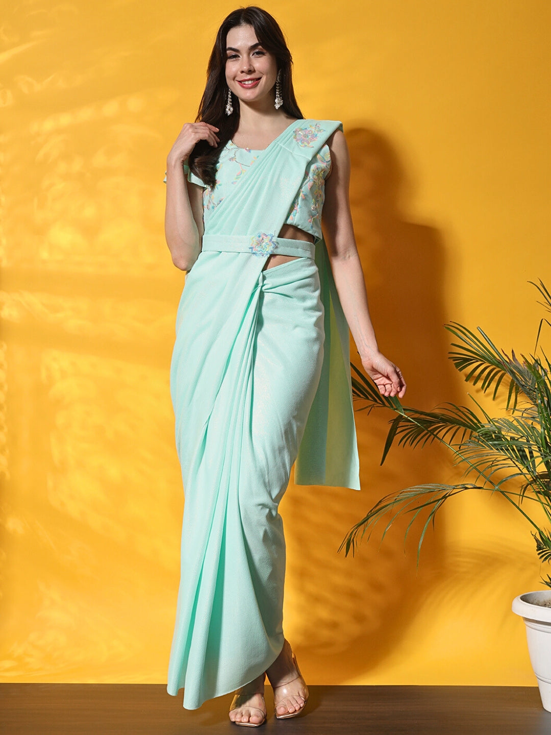 Belted Saree with Floral Sequin Embroidery & Assymetrical Sleeves