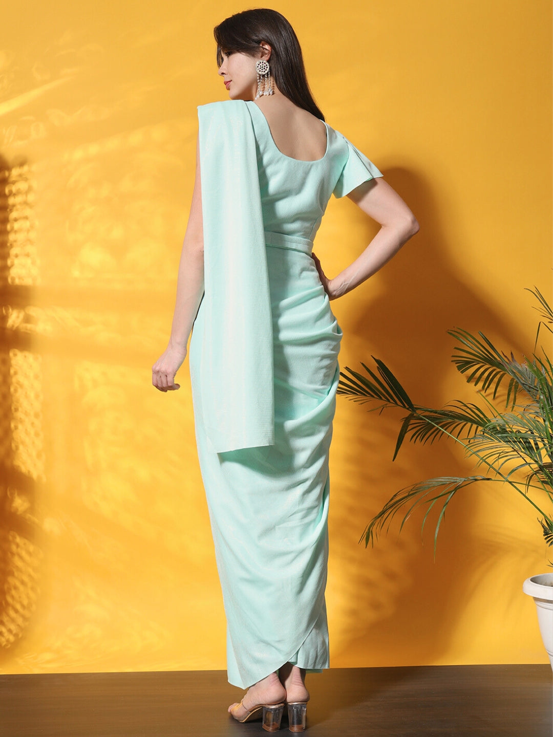 Belted Saree with Floral Sequin Embroidery & Assymetrical Sleeves