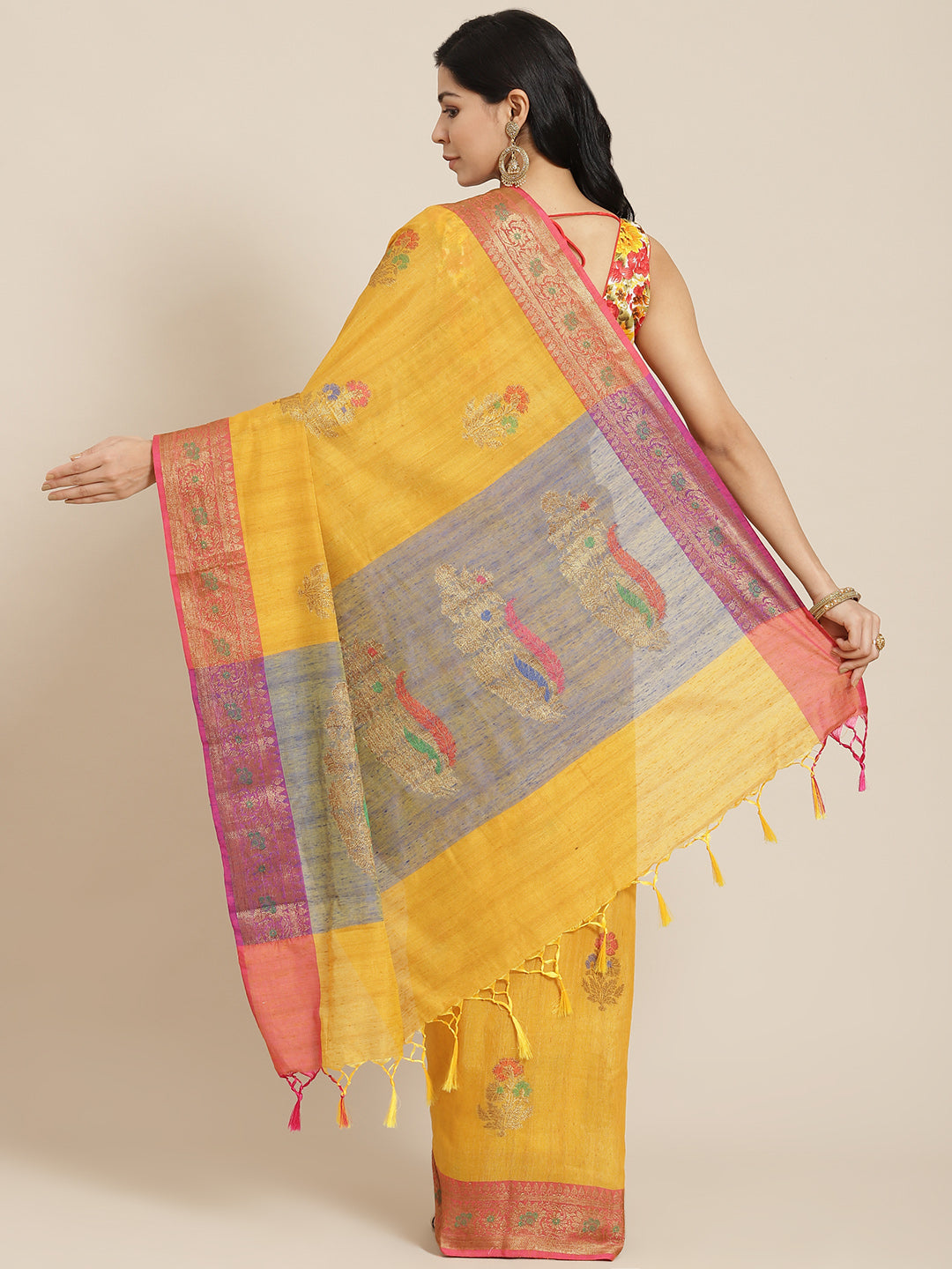 Mustard Silk Traditional Floral Meenakari Saree With Contrast Blouse