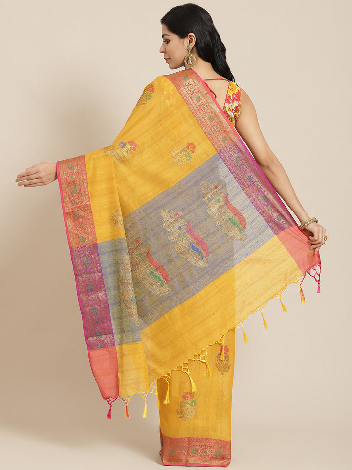 Mustard Silk Traditional Floral Meenakari Saree With Contrast Blouse