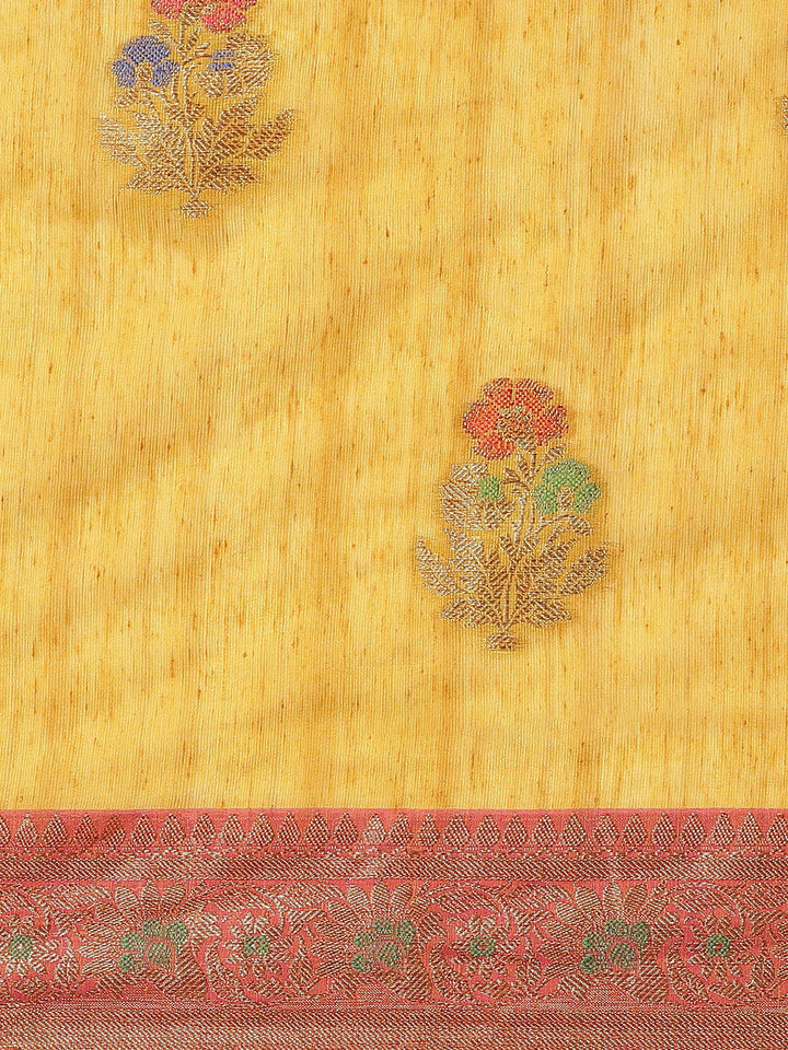 Mustard Silk Traditional Floral Meenakari Saree With Contrast Blouse