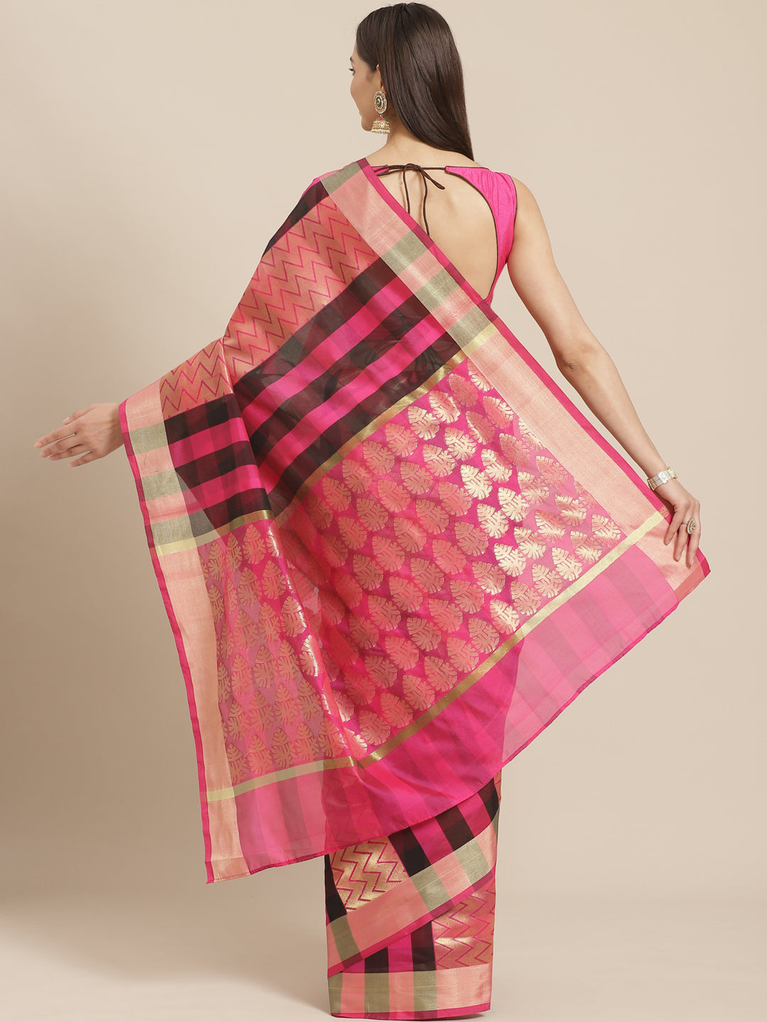 Mangalagiri Chanderi Silk Saree with Bright Pink Black Checkered pattern and Zari Pallu