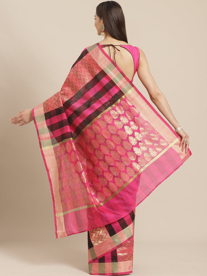 Mangalagiri Chanderi Silk Saree with Bright Pink Black Checkered pattern and Zari Pallu