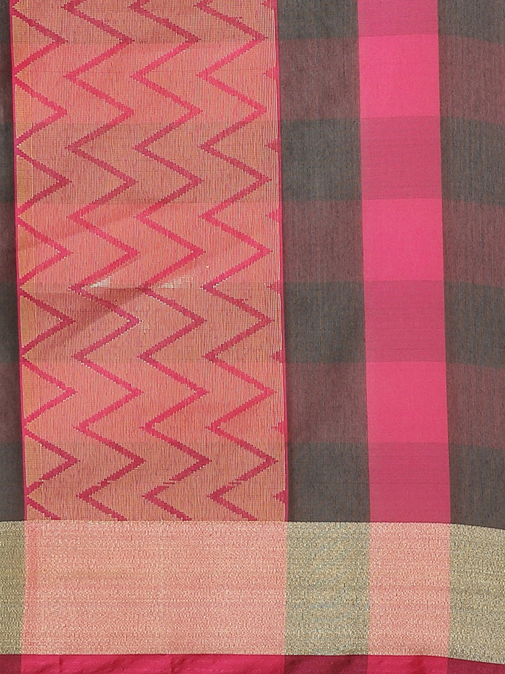Mangalagiri Chanderi Silk Saree with Bright Pink Black Checkered pattern and Zari Pallu