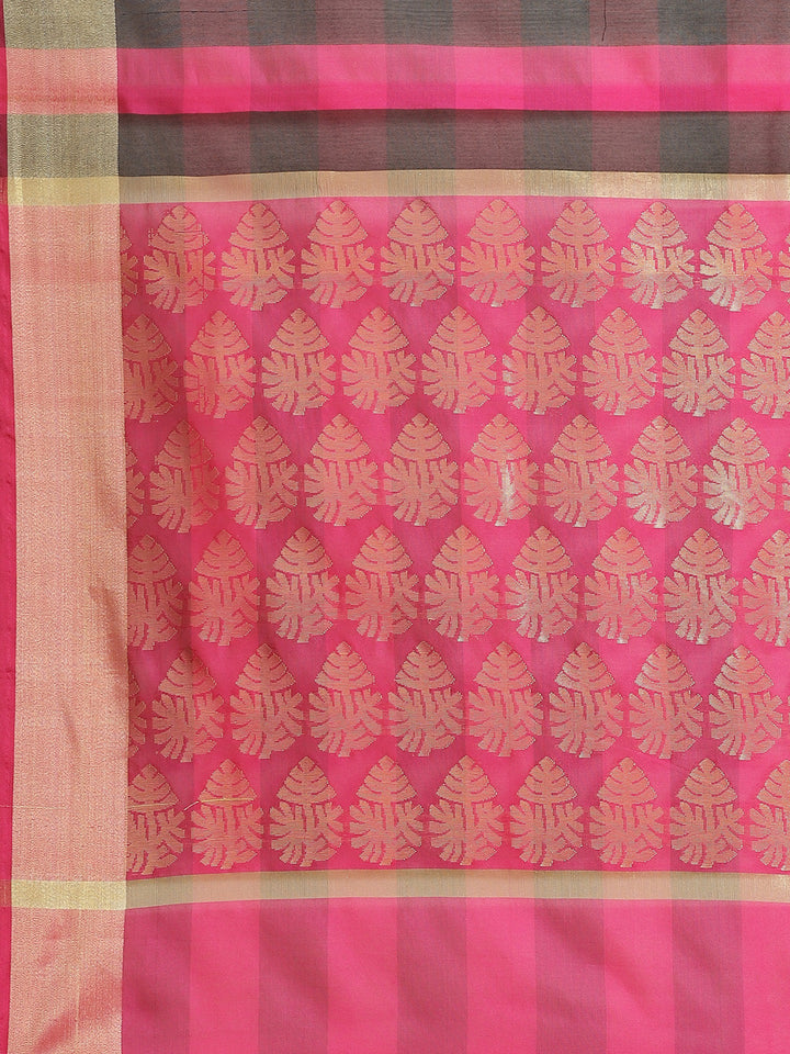 Mangalagiri Chanderi Silk Saree with Bright Pink Black Checkered pattern and Zari Pallu