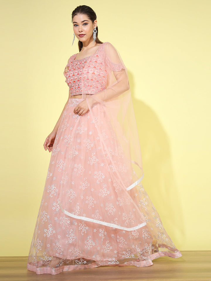 Resham Embroidered blouse with Foil print Lehenga & net Dupatta