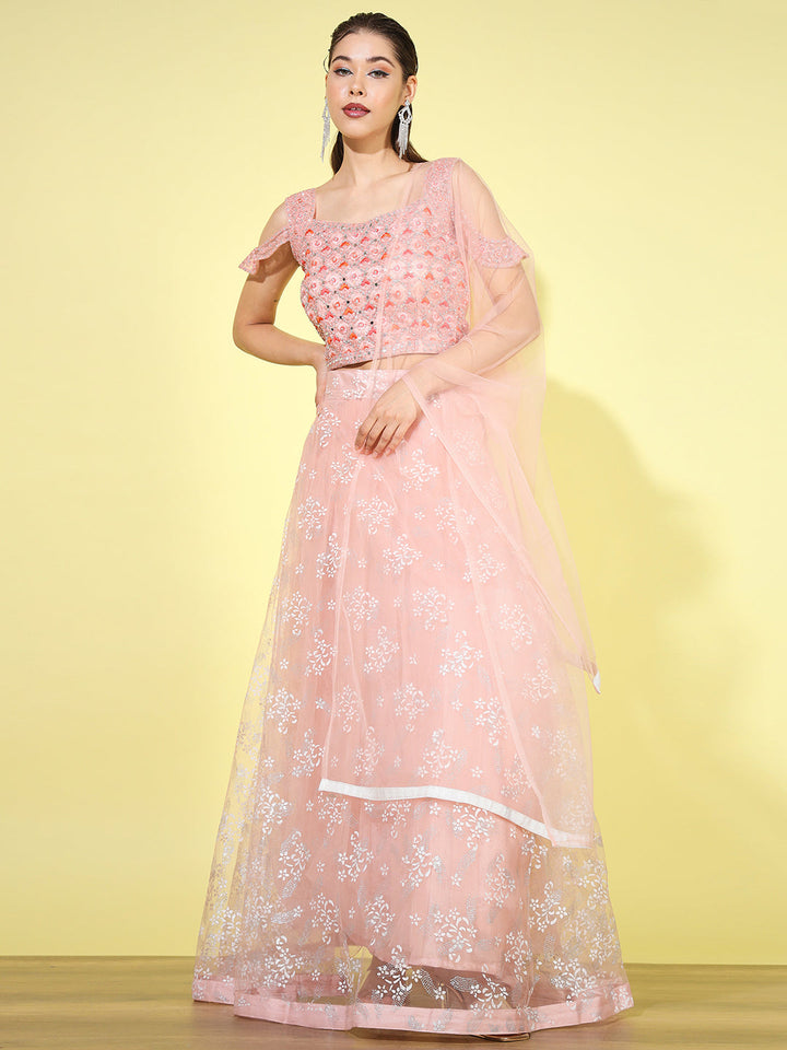 Resham Embroidered blouse with Foil print Lehenga & net Dupatta