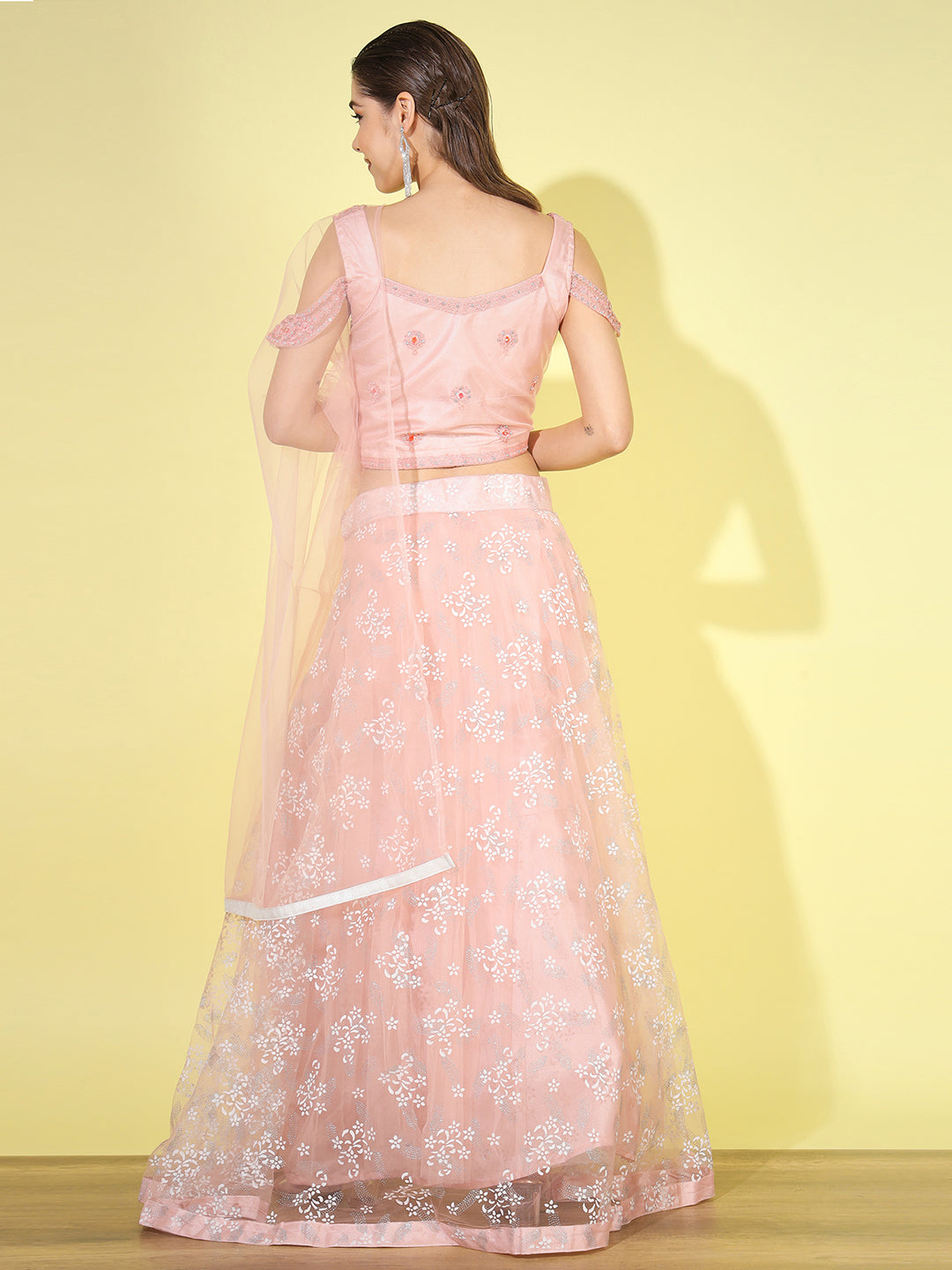 Resham Embroidered blouse with Foil print Lehenga & net Dupatta