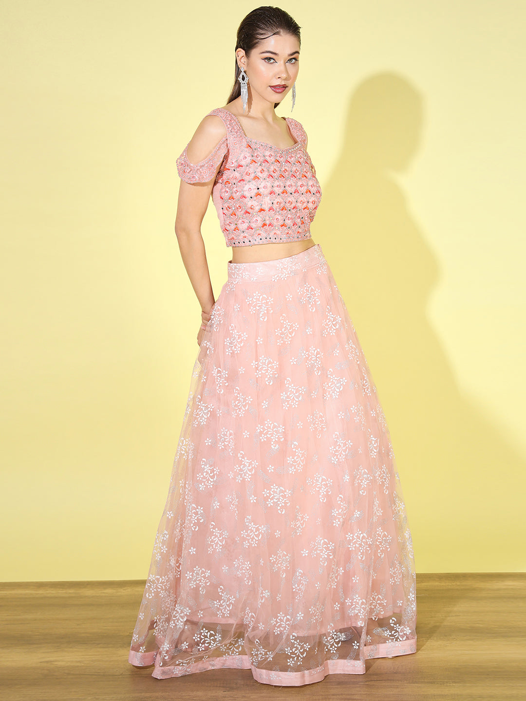Resham Embroidered blouse with Foil print Lehenga & net Dupatta