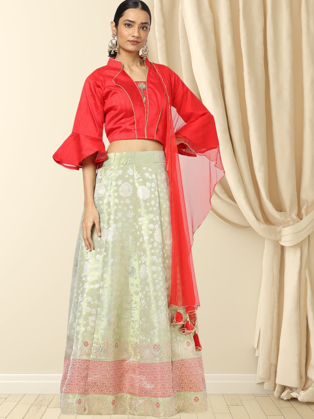 Brocade Kalidar Lehenga with Contemporary Bell Sleeved Crop top
