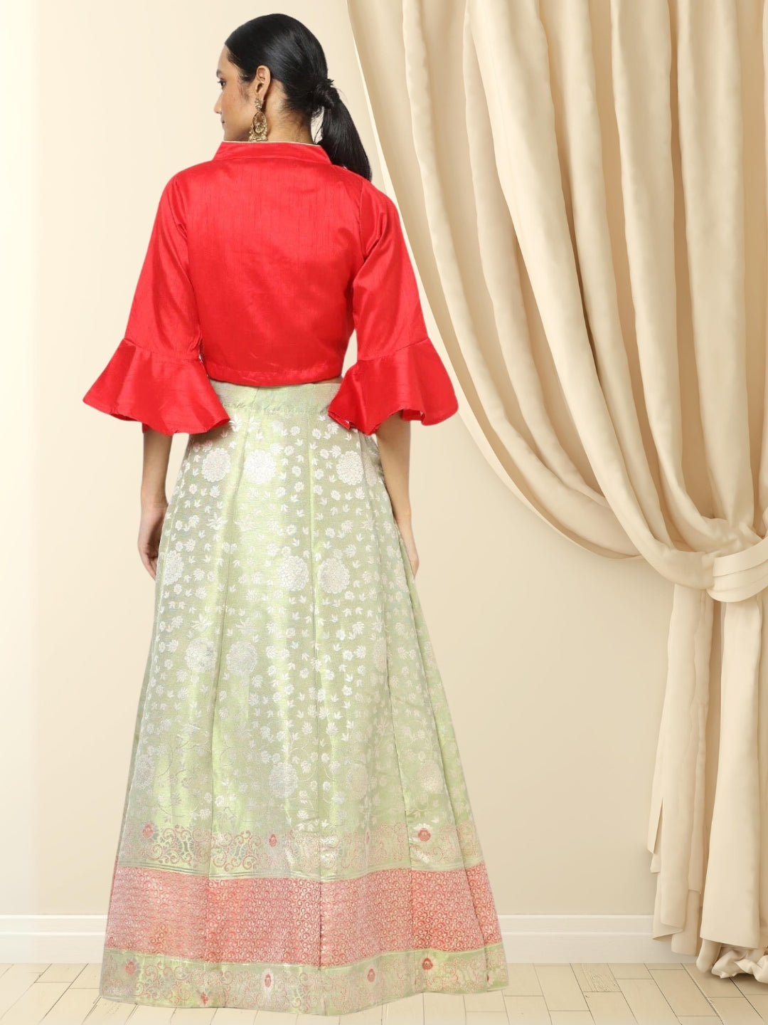 Brocade Kalidar Lehenga with Contemporary Bell Sleeved Crop top