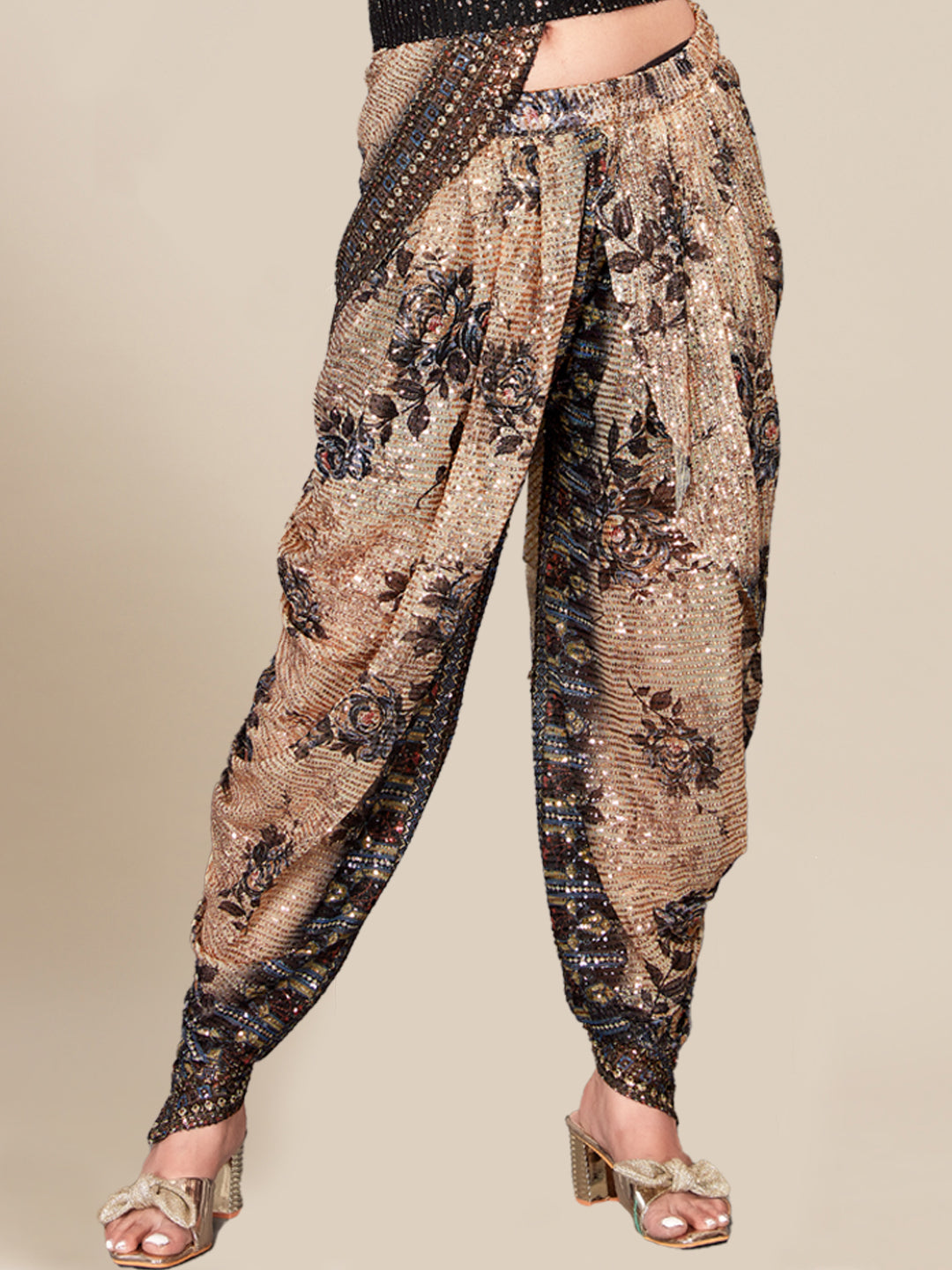 Pre Draped Stitched Floral Digital Print Dhoti Saree with Belt