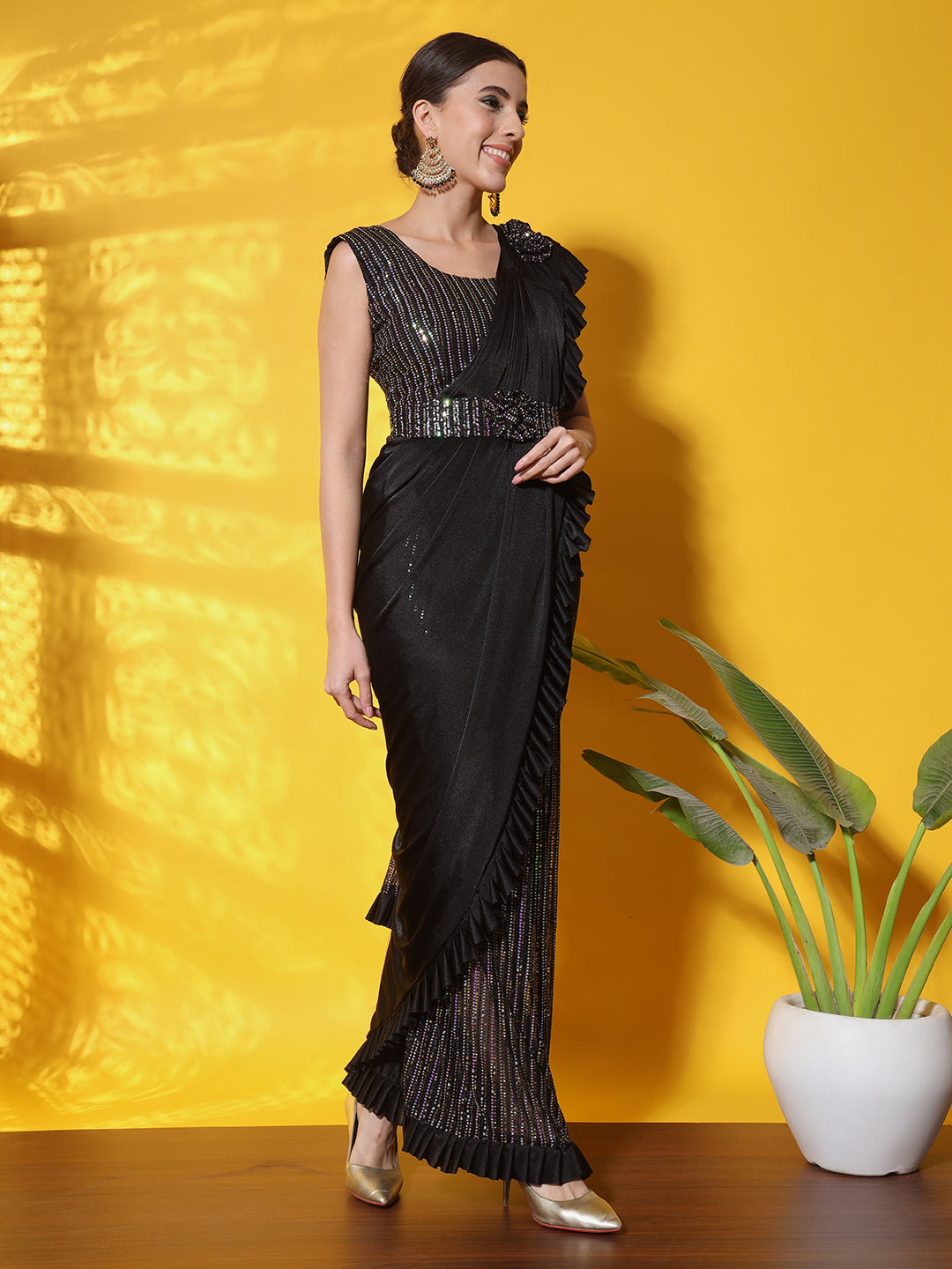 Ready to Wear Black Sequence Embellished Draped Lycra Belted Saree