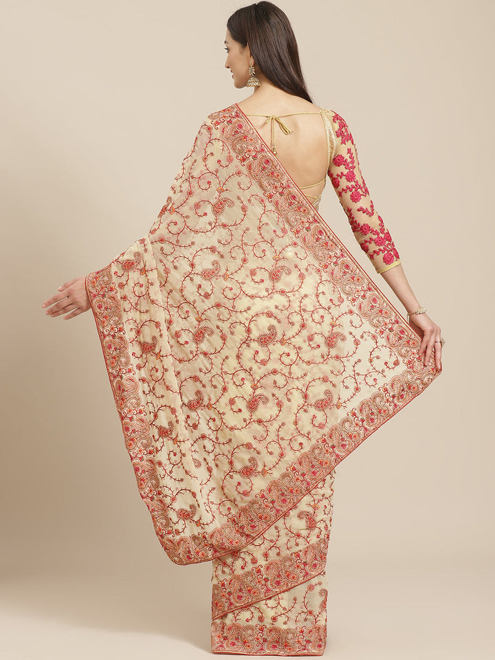 Beige Georgette Saree with Intricate Resham Embroidered Paisley Motifs & Crystal Embellishments