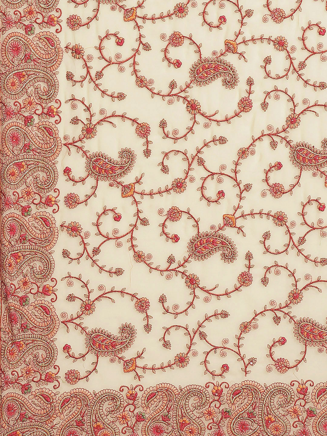 Beige Georgette Saree with Intricate Resham Embroidered Paisley Motifs & Crystal Embellishments