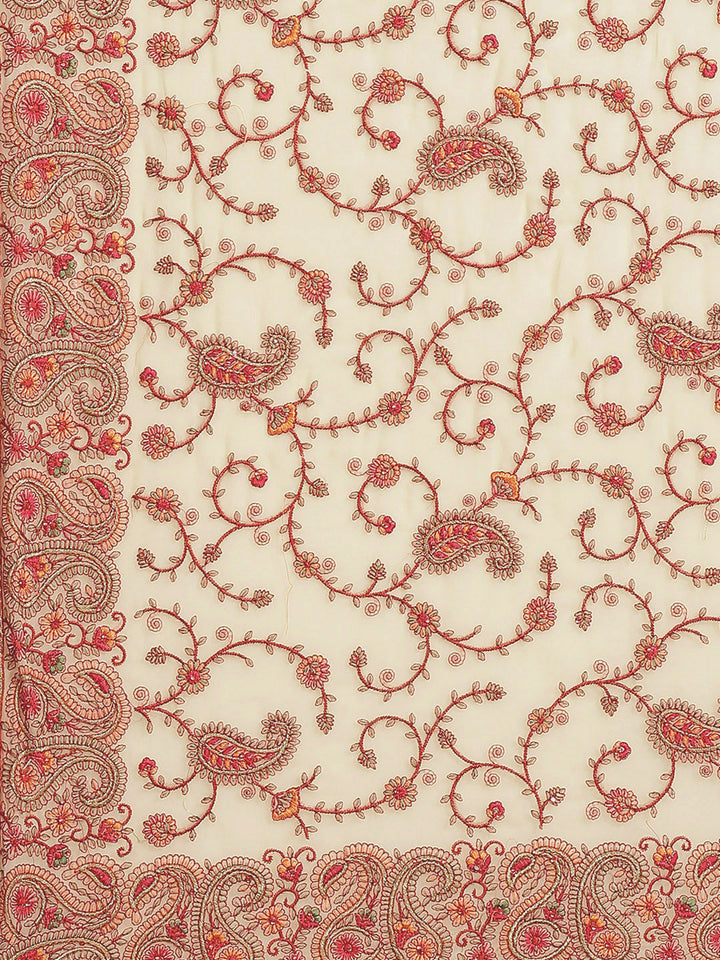 Beige Georgette Saree with Intricate Resham Embroidered Paisley Motifs & Crystal Embellishments