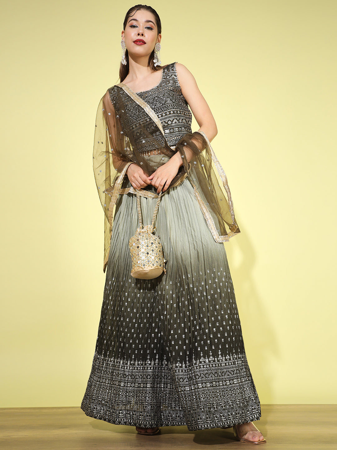 Ombre Pleated Lehenga with Embellished Tassled Blouse & Net Dupatta