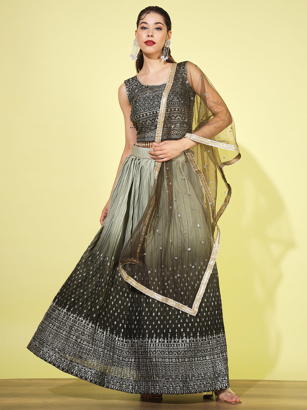 Ombre Pleated Lehenga with Embellished Tassled Blouse & Net Dupatta