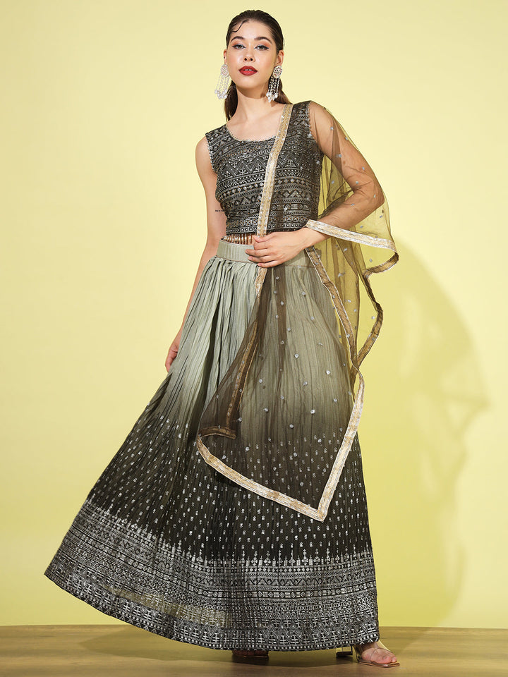 Ombre Pleated Lehenga with Embellished Tassled Blouse & Net Dupatta