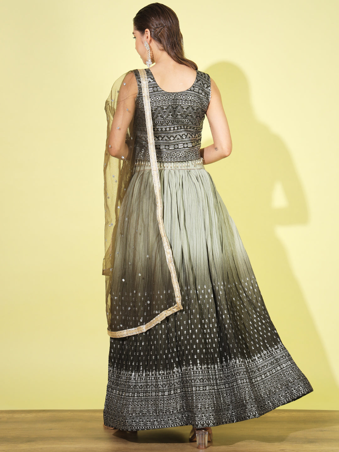 Ombre Pleated Lehenga with Embellished Tassled Blouse & Net Dupatta