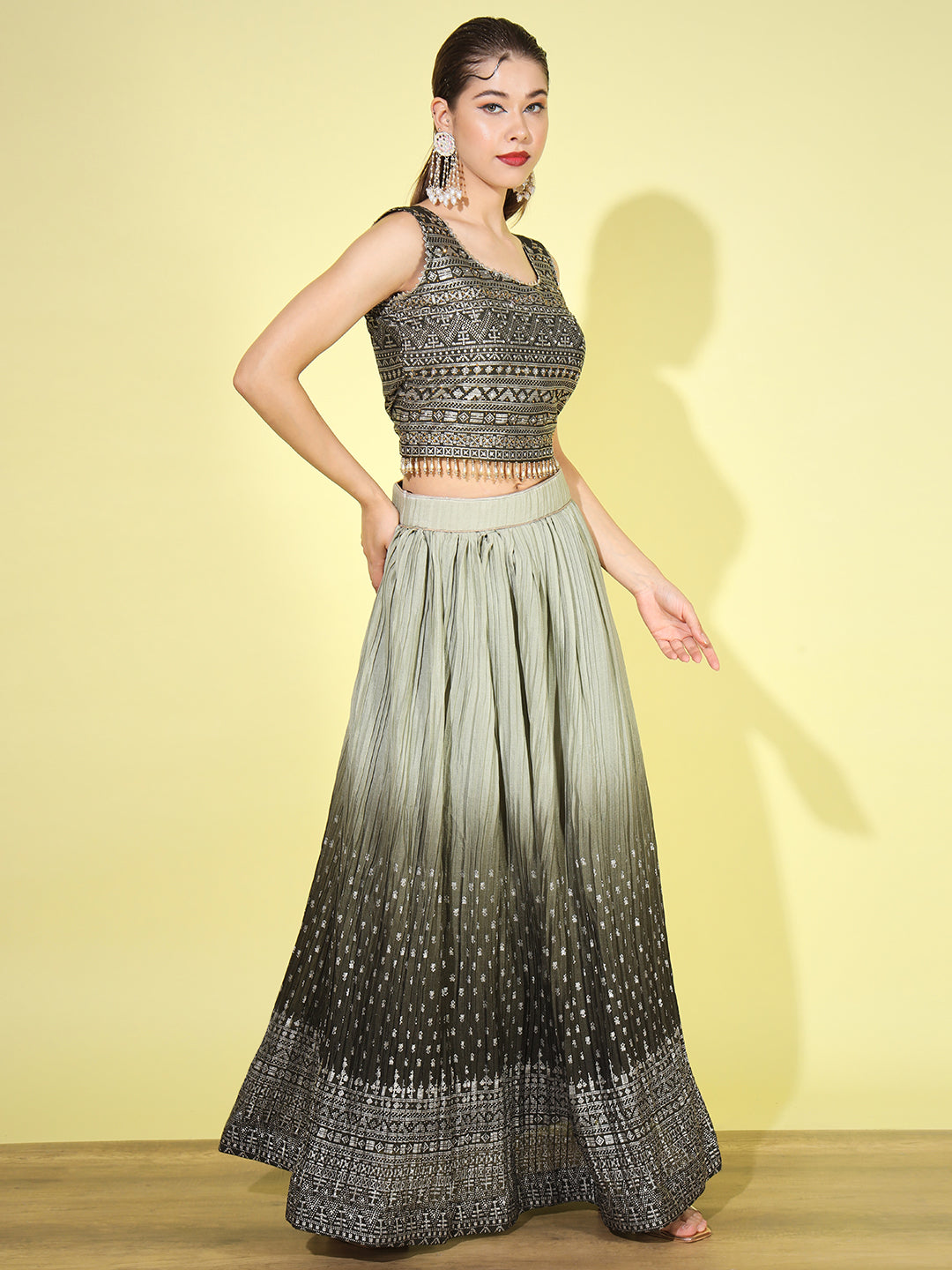 Ombre Pleated Lehenga with Embellished Tassled Blouse & Net Dupatta